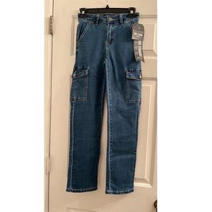 Size 1 high rise denim jeans blue cargo pockets